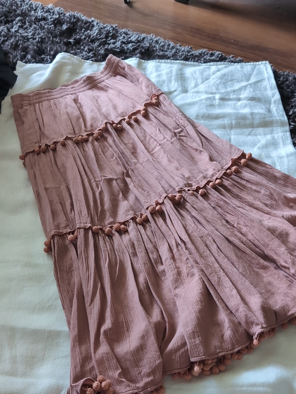 Soft Surroundings Dusty Rose Tiered Maxi Skirt with Pom Trim